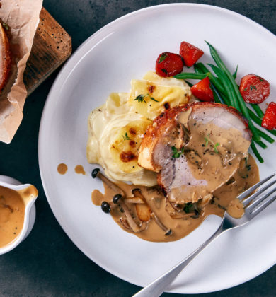 Roast loin of pork with wild mushroom sauce